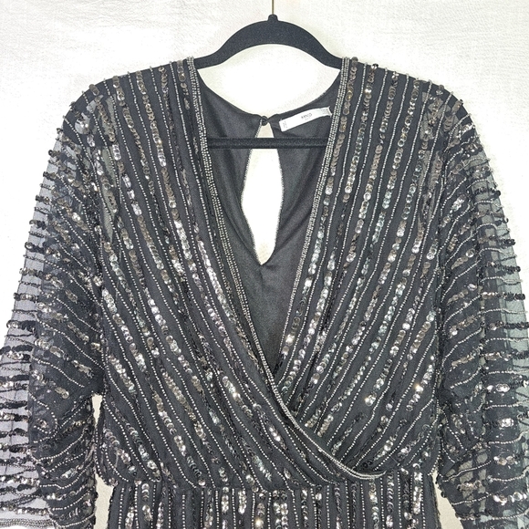 Mango Womens Sequin Romper SZ S Beaded Black Semi Sheer - Picture 4 of 14